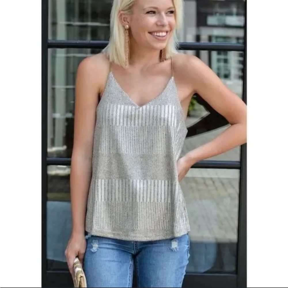 Bishop & Young Letitia Beige Metallic Racerback Shimmer Tank L